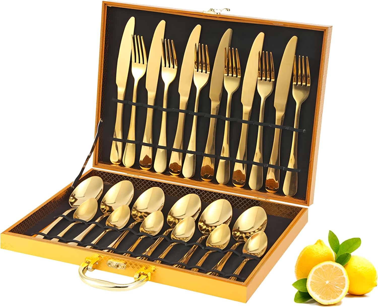 Primepixell Gold Silver Tableware Set, 24-Piece Stainless Steel Flatware Set Service for 6, Durable Kitchenware Set with Gift Box, Includes Spoons, Forks, Knives for Home Restaurant, Dishwasher Safe