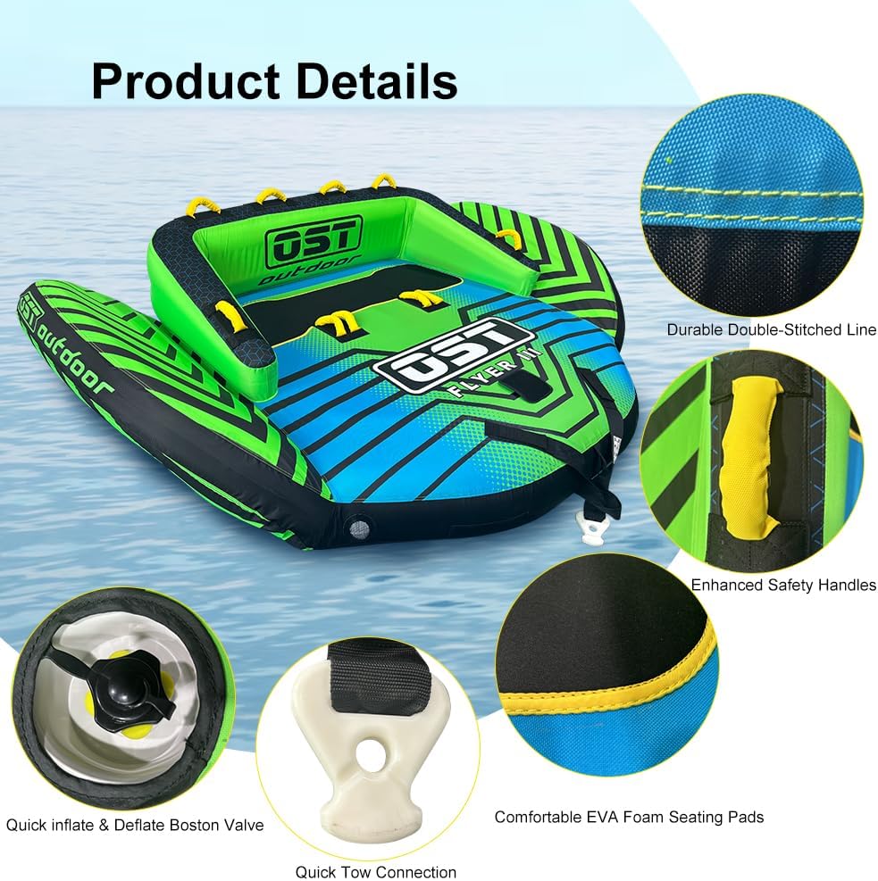 Towable Tube for Boating 3 Person, Towable Tubes with Backrest and Eva Foam Pads, Dual Tow Points, Large Capacity, Full Nylon Cover, Quick Connector, Drainage and Wings, Boat Tubes for Tubing