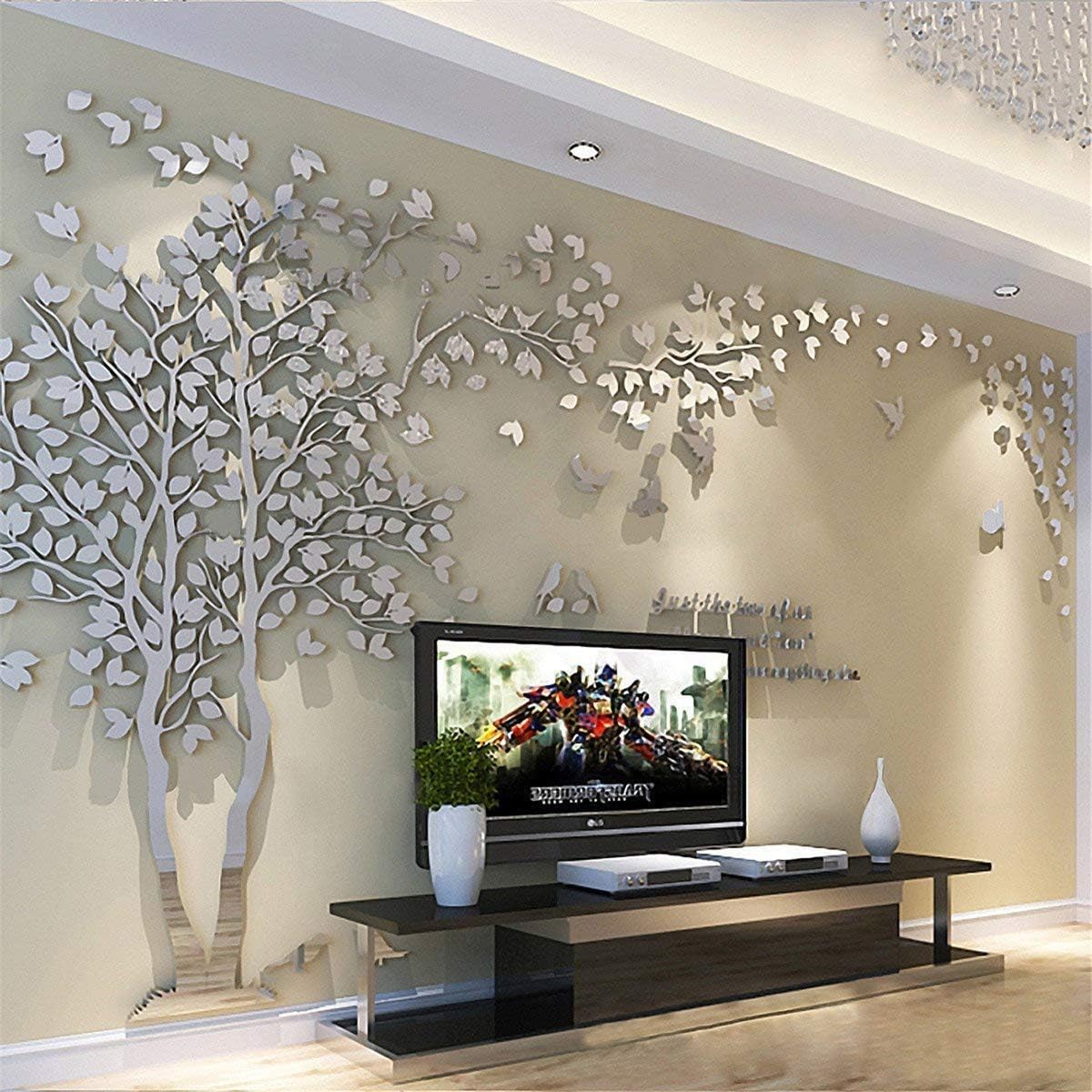 3D Tree Wall Stickers - DIY Tree and Birds Wall Decals Family Couple Tree Stickers Murals Wall Décor for Nursery Living Room Bedroom TV Background Home Decorations (Silver Left, M-79X39in)