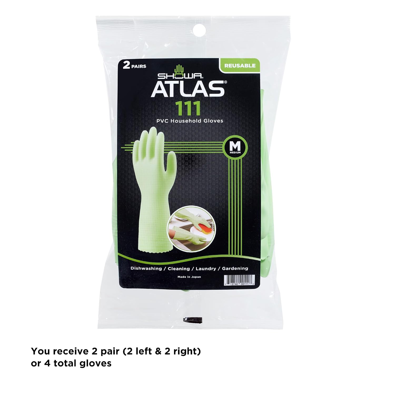 SHOWA 111 Skin-Friendly Dishwashing Gloves, Latex-Free PVC, Reusable Housekeeping Gloves with Cotton Liner, Non-Slip Grip for Kitchen & Gardening, Made in Japan, Medium, 2-Pairs