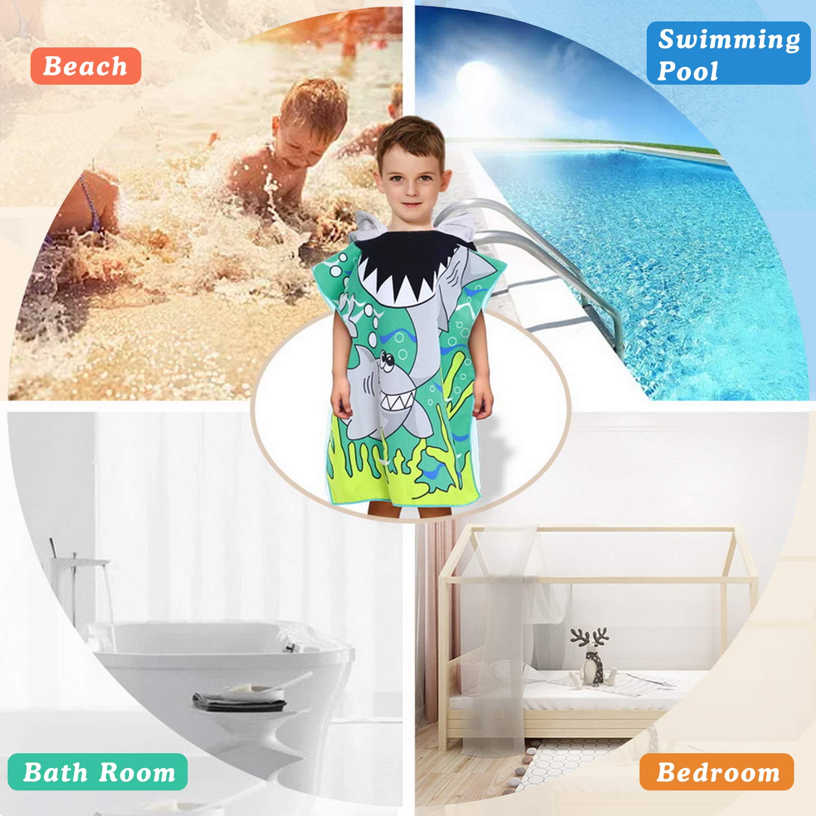 Toalla de Playa con Capucha, Manta de Baño Natación Ultra Suave Absorbente, Toalla de Baño Dibujos Animados Secado Rápido Poncho de Toalla para Niños