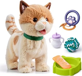 OR OR TU Walking Toy Cat with Remote Control Leash, Plush Cat Electronic Interactive Toys for Kids, Shake Tail, Licking, Pretend Dress Up Realistic Stuffed Animal Cat Age 2 3 4 5+ Years Old Best Gift