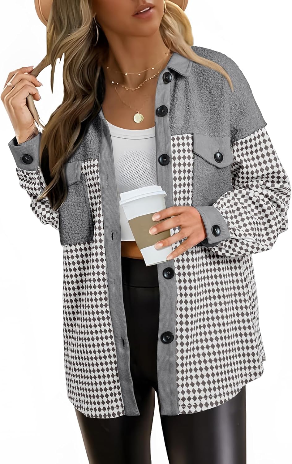 SHEWIN Shackets for Women 2025 Casual Long Sleeve Tops Button Down Plaid Fall Jackets