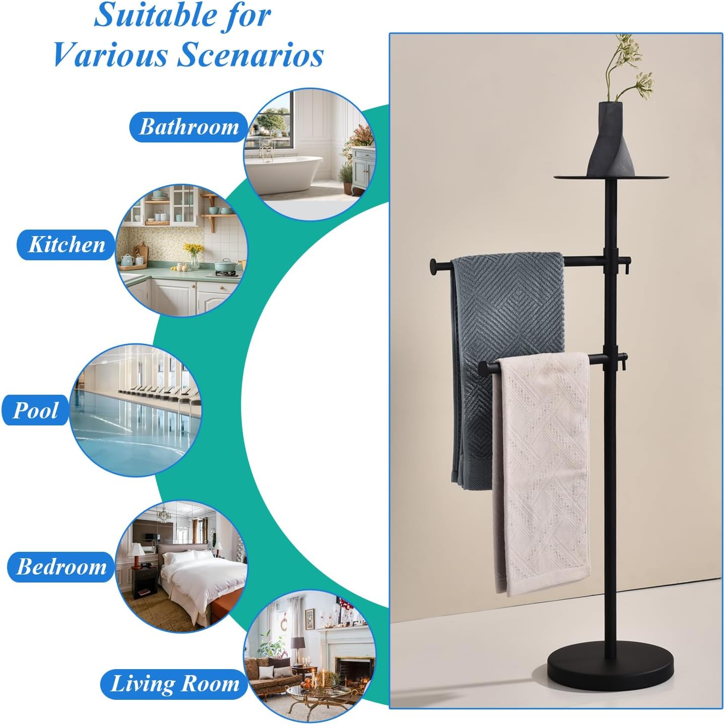 Towel Rack Stand with Shelf, SUS 304 Stainless Steel Freestanding 2-Tier Towel Holder for Bathroom - Adjustable Height, 360° Rotation, Matte Black