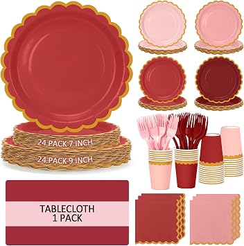 Burgundy Plates and Napkins Party Supplies for 24 Guests, Disposable 7&9 Gradient Burgundy Red Scalloped Paper Plates Tableware Set for Wedding, Bridal Shower, Engagement, Anniversary Party