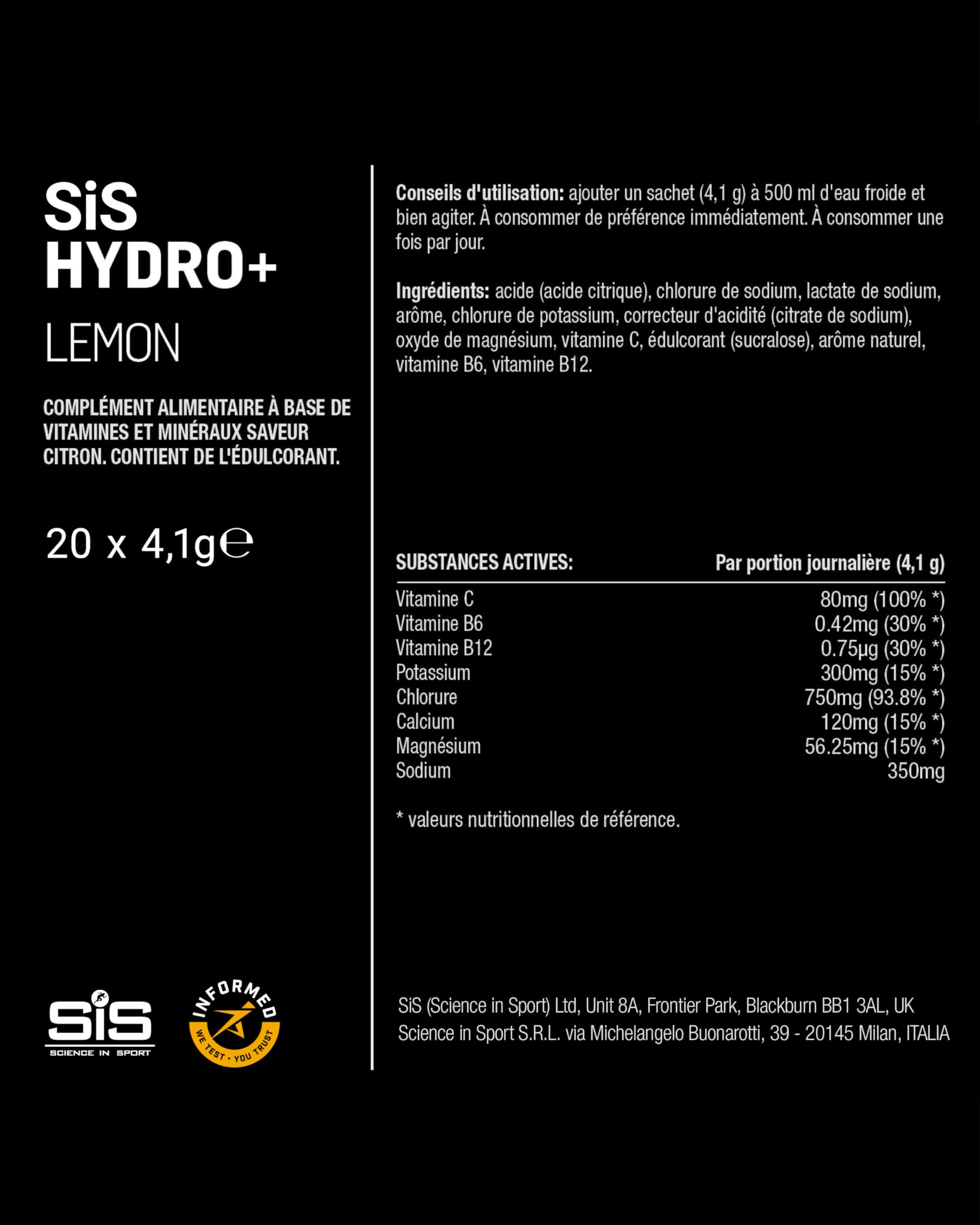 Science in Sport HYDRO+ Poudre Boisson Électrolyte 20 x 4,1g Citron - Poudre électrolyte végane, poudre boisson sportive avec vitamine C et 5 électrolytes essentiels