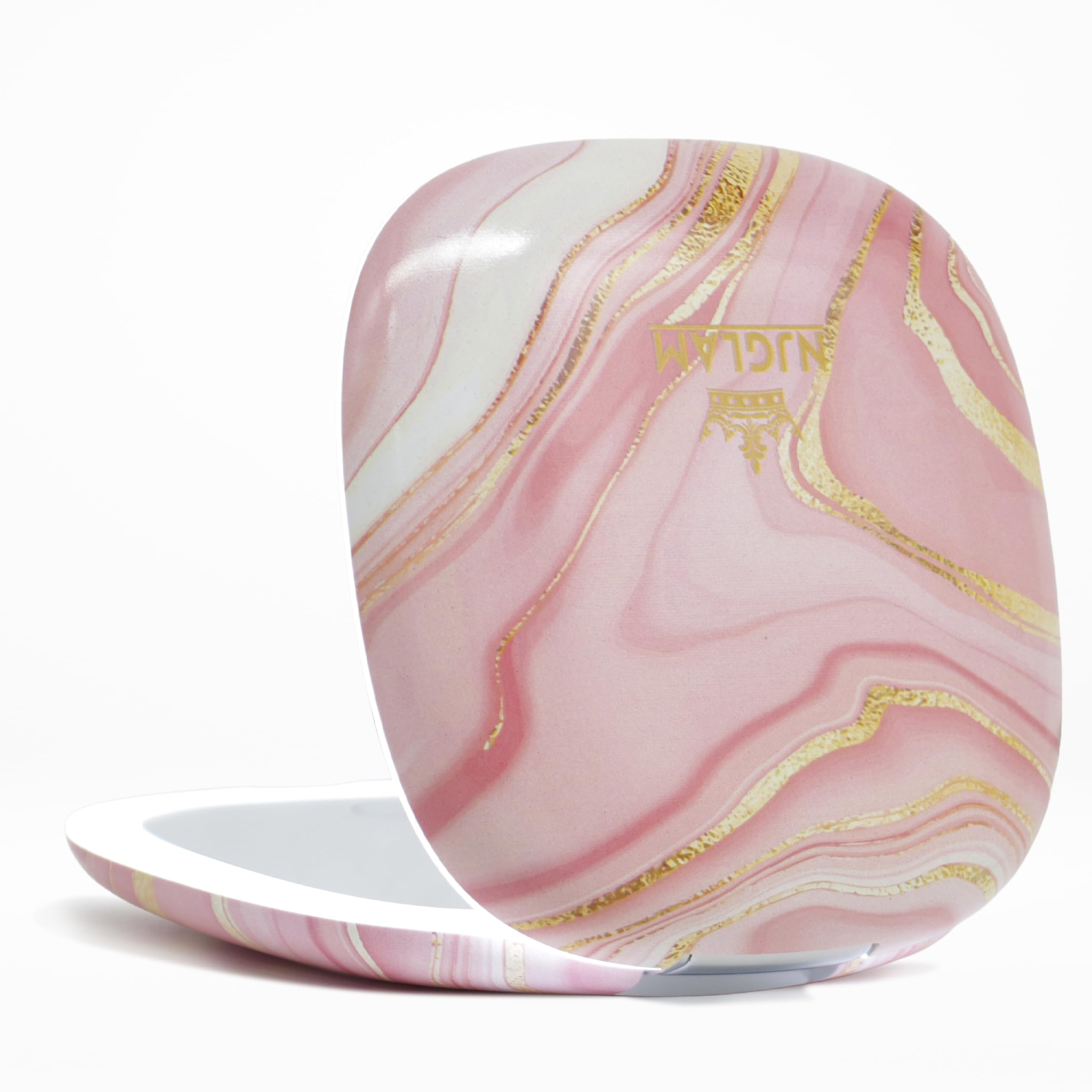 NJ GLAM Lighted Makeup Compact Mirror, 3.9 Inch – 1x/10x Magnification Portable, LED – Auto Light On/Off - USB Charging, (Blush Marble)