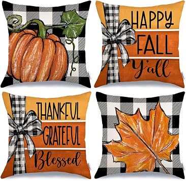 GEEORY Fall Pillow Covers 16 x 16 Inch Set of 4, Buffalo Bowknot Pumpkin Maple Leaf Decorative Throw Cushion Cases Farmhouse Thanksgiving Decor Indoor Decoration for Home Sofa Couch Orange 392-16