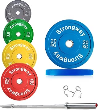 Strongway  Olympic 50KG 70KG 100KG Bumper Weight Plates Sets with 6FT 7FT Barbell - Colour Coded 2 Inch 2" / 50mm Hole - Rubber Coated Cast Iron