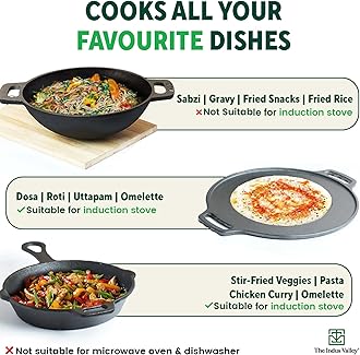 The Indus Valley Pre-Seasoned Cast Iron Cookware Set+ Free Tadka Pan|Tawa (30.5 Cm)+ Kadai (25.4 Cm/2.3L)+ Fry Pan (23 Cm/1.4L)|Kitchen Cooking Combo Pots & Pans Set Of 4Pcs|Naturally Nonstick - Black