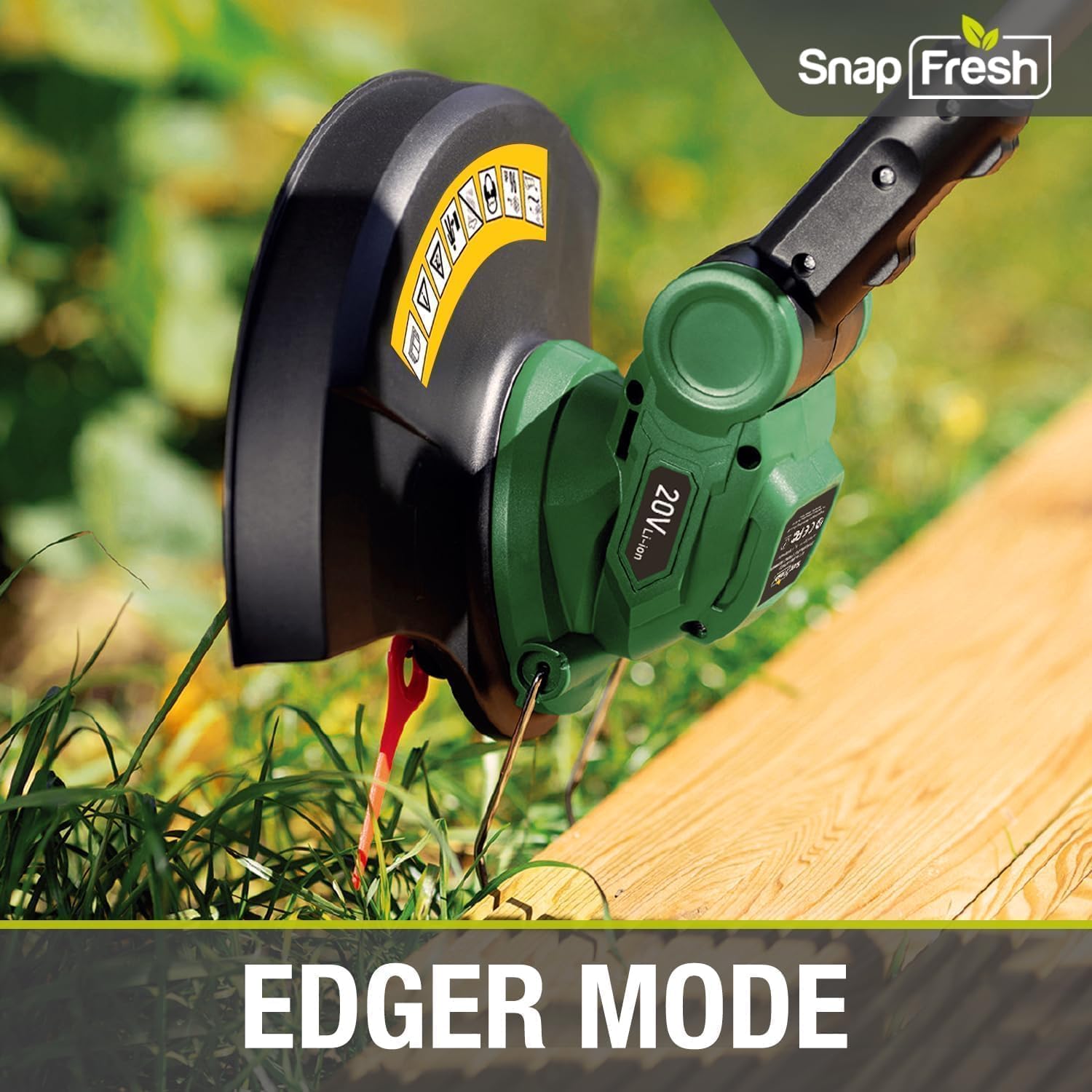 Image showing the SnapFresh weed eater in 'Edger Mode', creating a clean edge along a pathway.