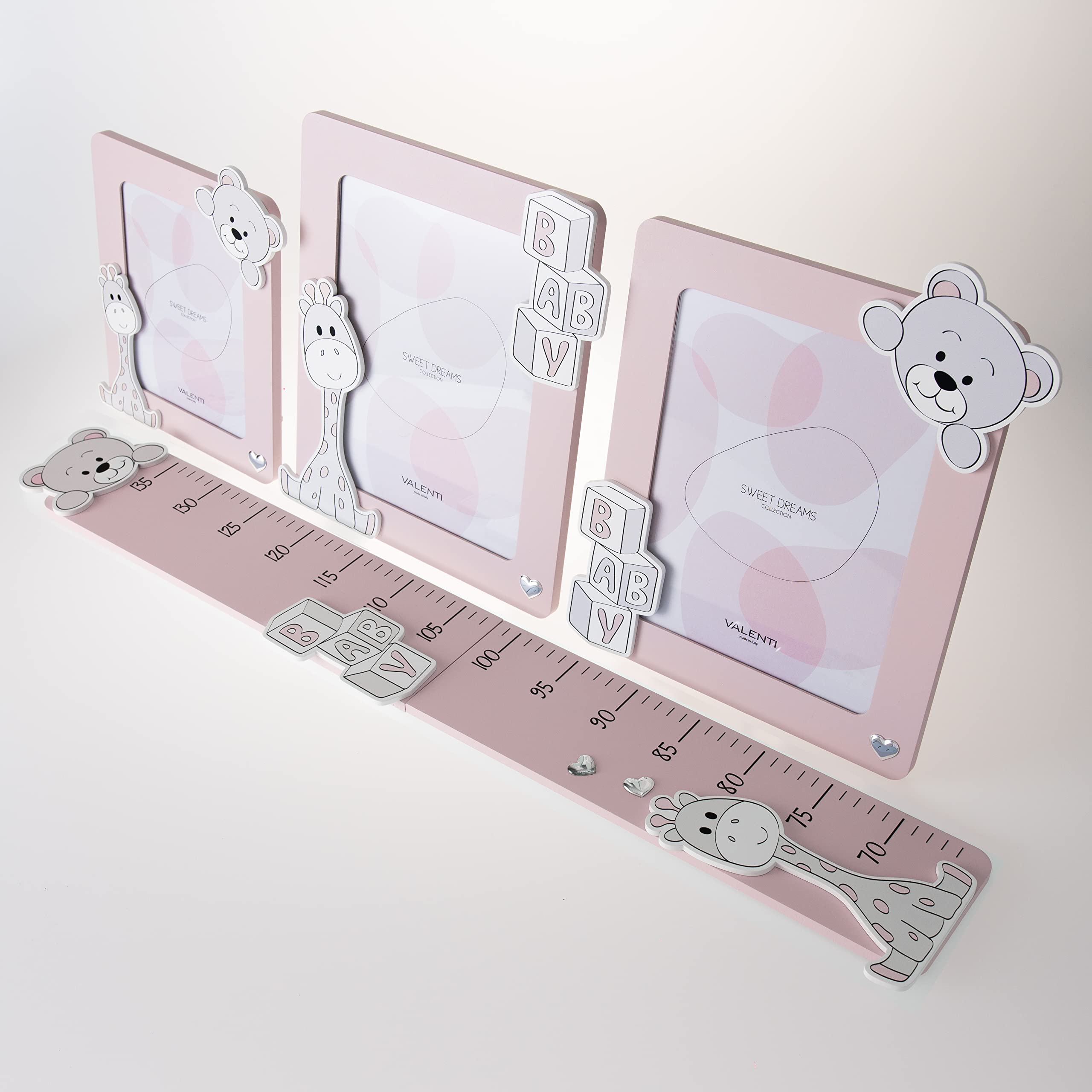 VALENTI & CO. - Cornice Porta Foto rosa in legno con animali dello zoo, da Tavolo o da appendere come decorazione in cameretta, idea regalo per Neonato e Bambino - 13x24