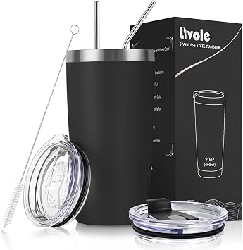 Livole 20OZ Travel Tumbler, 600ml Double Walled Vacuum Insulated Coffee Cup, Thermal Stainless Steel Travel Mug with 2 Straws and 2 Lids, Reusable Cup for Hot & Cold Drinks, Leakproof, BPA Free, Black