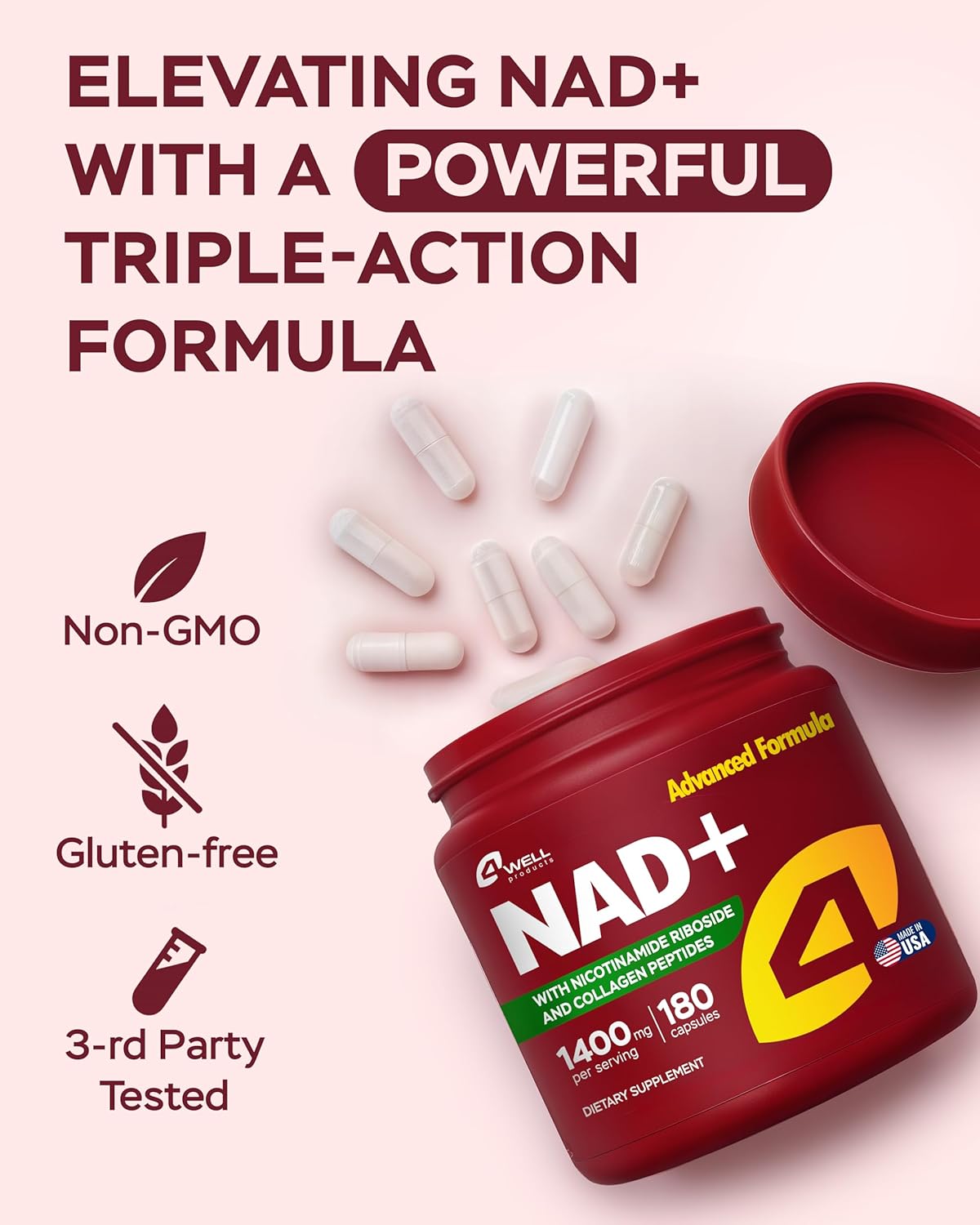 NMNH Supplement Alternative - NAD Supplement 1400mg Supports Healthy Aging Complex with Nicotinamide Riboside, Collagen Peptides - Powerful NAD+ Formula for Cellular Energy (180 Capsules) - Image 8