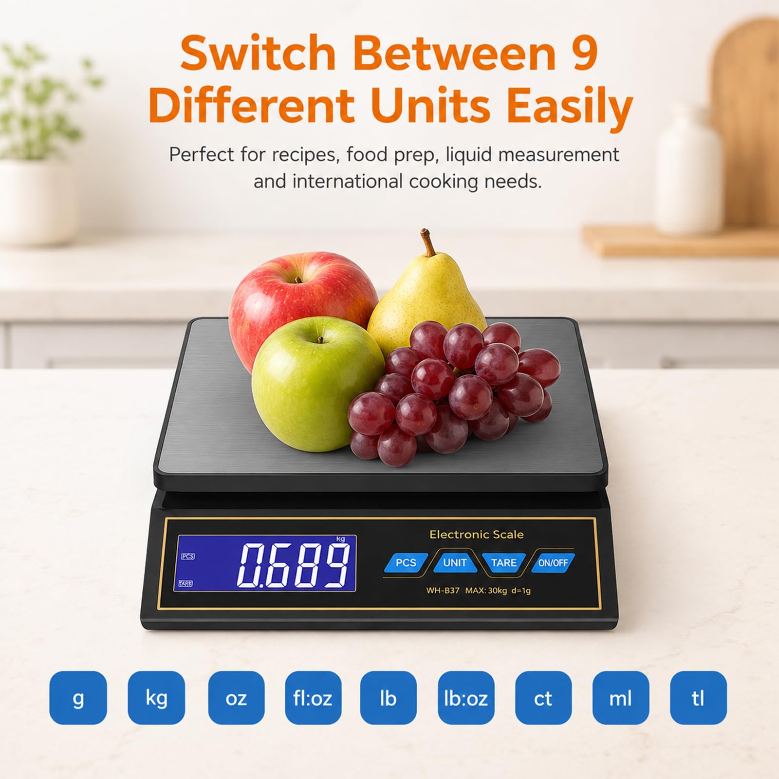 Küchenwaage Digital 30kg mit PCS Stückzählung und Tara, Paketwaage bis 30kg mit 9 Gewichtseinheiten umschaltbar 6 Zeitstufen Auto-Off, Lebensmittelwaage Groß für Gastronomie Versand und Backen