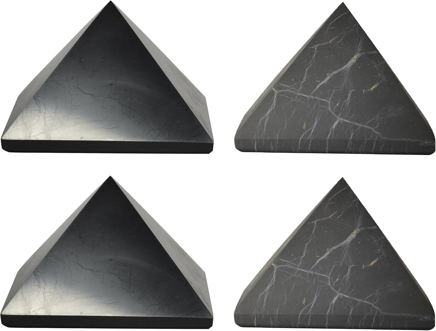 4 pcs Authentic Shungite Pyramids Set Polished and Unpolished 70 mm / 2.75" Chakra Energy Natural Healing Crystal Home Office Protection Desk Decor Meditation Reiki Grounding Stone