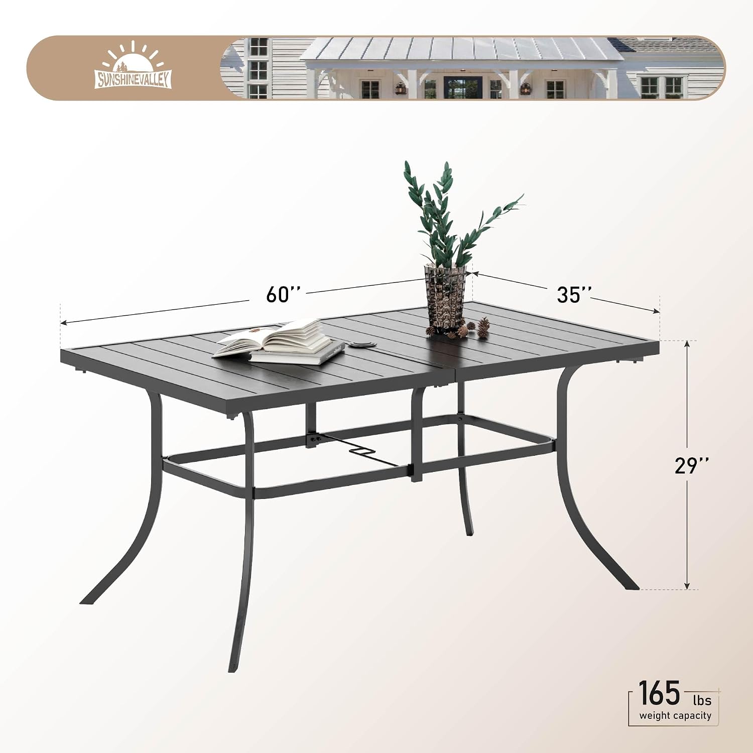 SUNSHINE VALLEY 60" Patio Dining Table for 6, Rectangle Patio Table with Umbrella Hole,E-Coating and Powder Coating Steel Frame Metal Outdoor Patio Table for Garden Backyard Lawn Yard