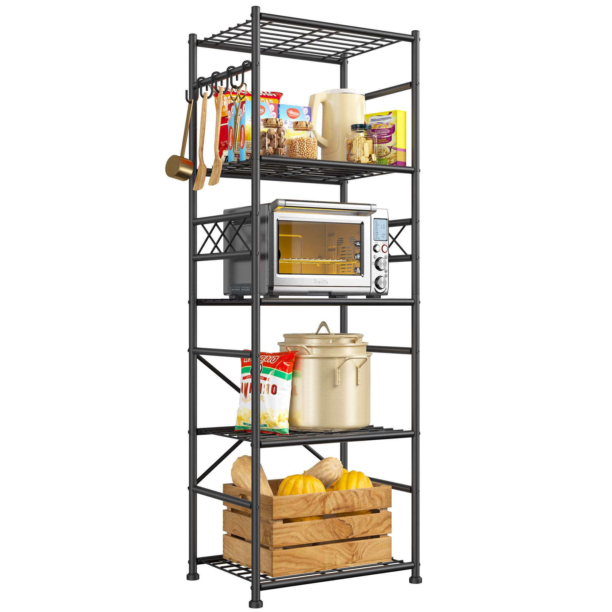 DurayLoly Metal Shelving with Hooks &amp; Side Panel for Pantry Storage, 5-Tier