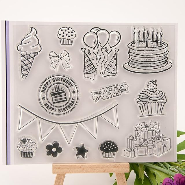 Clear Silicone Stamp Sheet Printing Scrapbooking Embossing Stamper Transparent Cling Seal for DIY Scrapbook Photo Albums Paper Notebook Card Making Arts Crafts Supplies Happy Birthday & Cake 1#