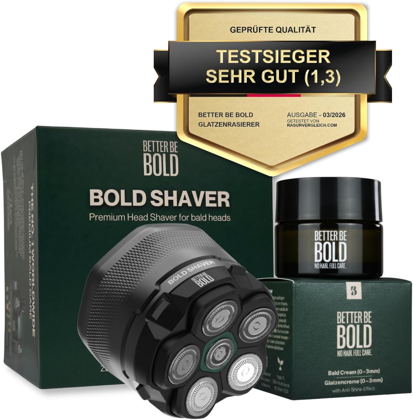 BETTER BE BOLD – BOLD Shaver + Moisturizing bald cream 0-3 mm – Electric Head Shaver for Bald Men – 6 Flexible Blades – Up to 30 Shaves per Charge – With Travel Case – USB-C – Gentle on Sensitive Skin