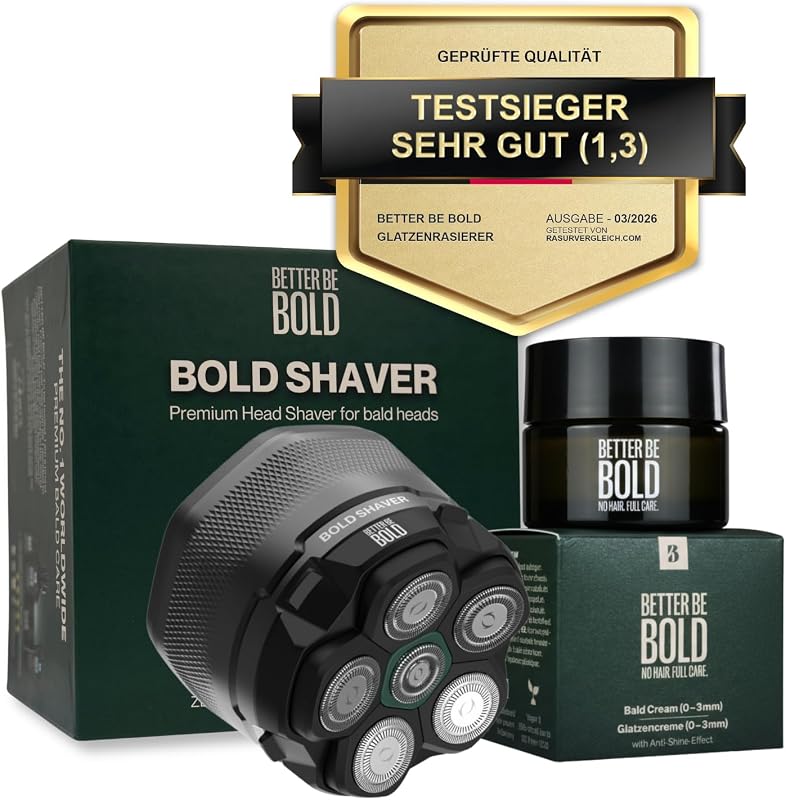 Barbeador elétrico rotativo para cabeça BETTER BE BOLD BOLD Shaver, 6 lâminas flexíveis, 0–3 mm, creme hidratante 50 mL, estojo e USB-C