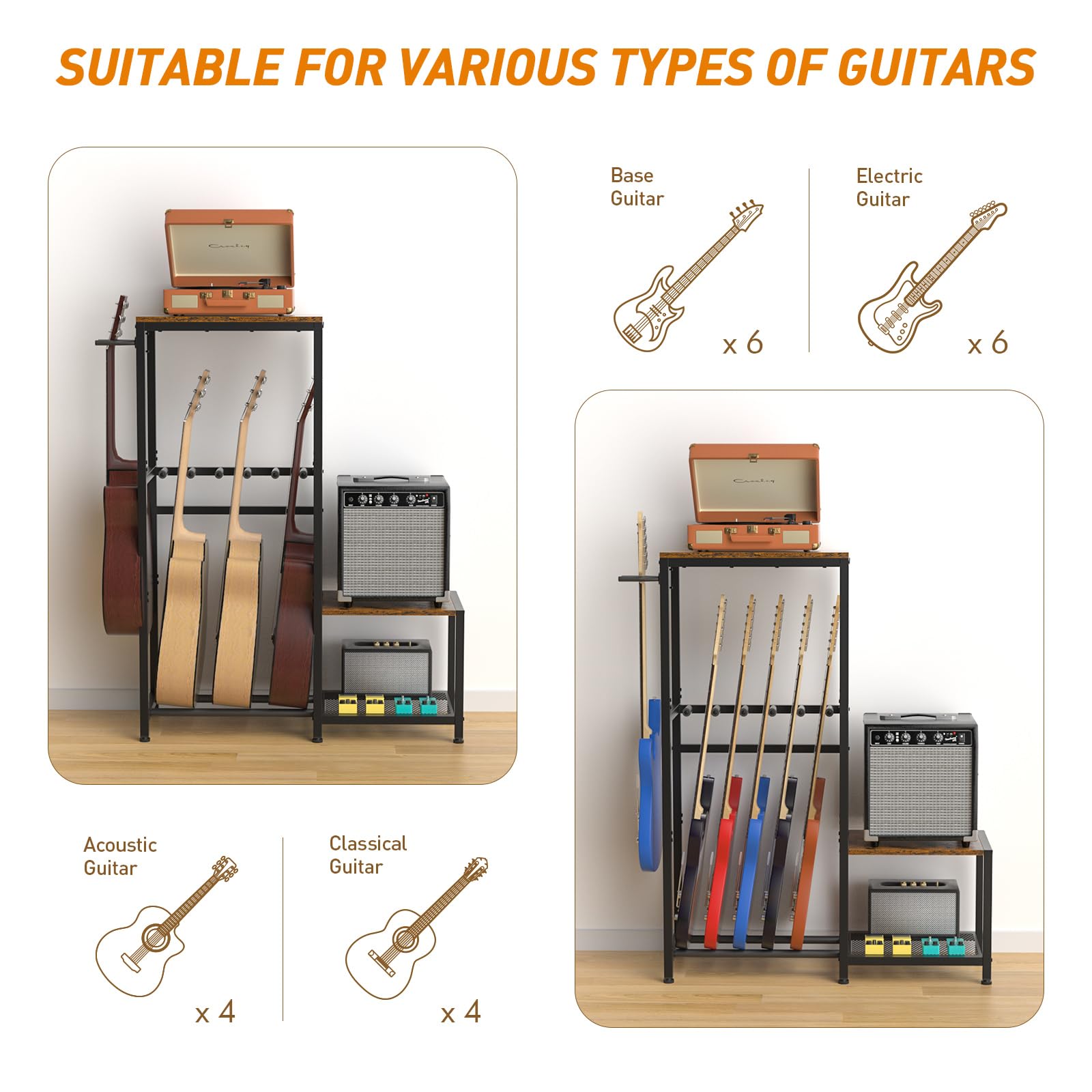 ikkle Soporte de guitarra para soporte acústico, guitarra eléctrica, bajo, ukelele, accesorios de amplificador de guitarra y soporte múltiple para discos de vinilo, con mesa auxiliar para estudio de