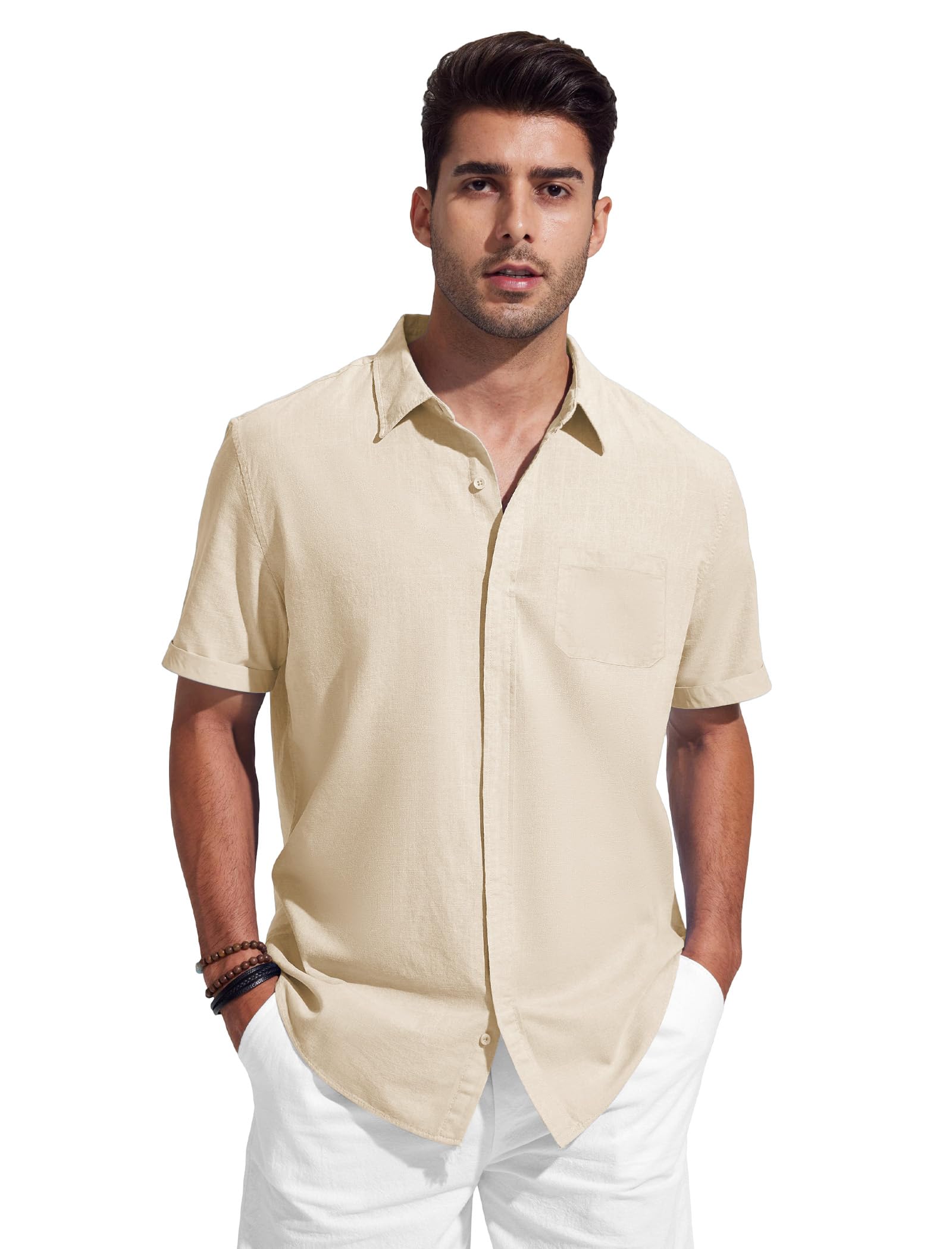 Friptspyg Leinenhemd Herren mit Tasche Baumwolle leinen Hemden Herren Kurzarm Sommerhemd mit Versteckten Knöpfen Casual Alltag Strand