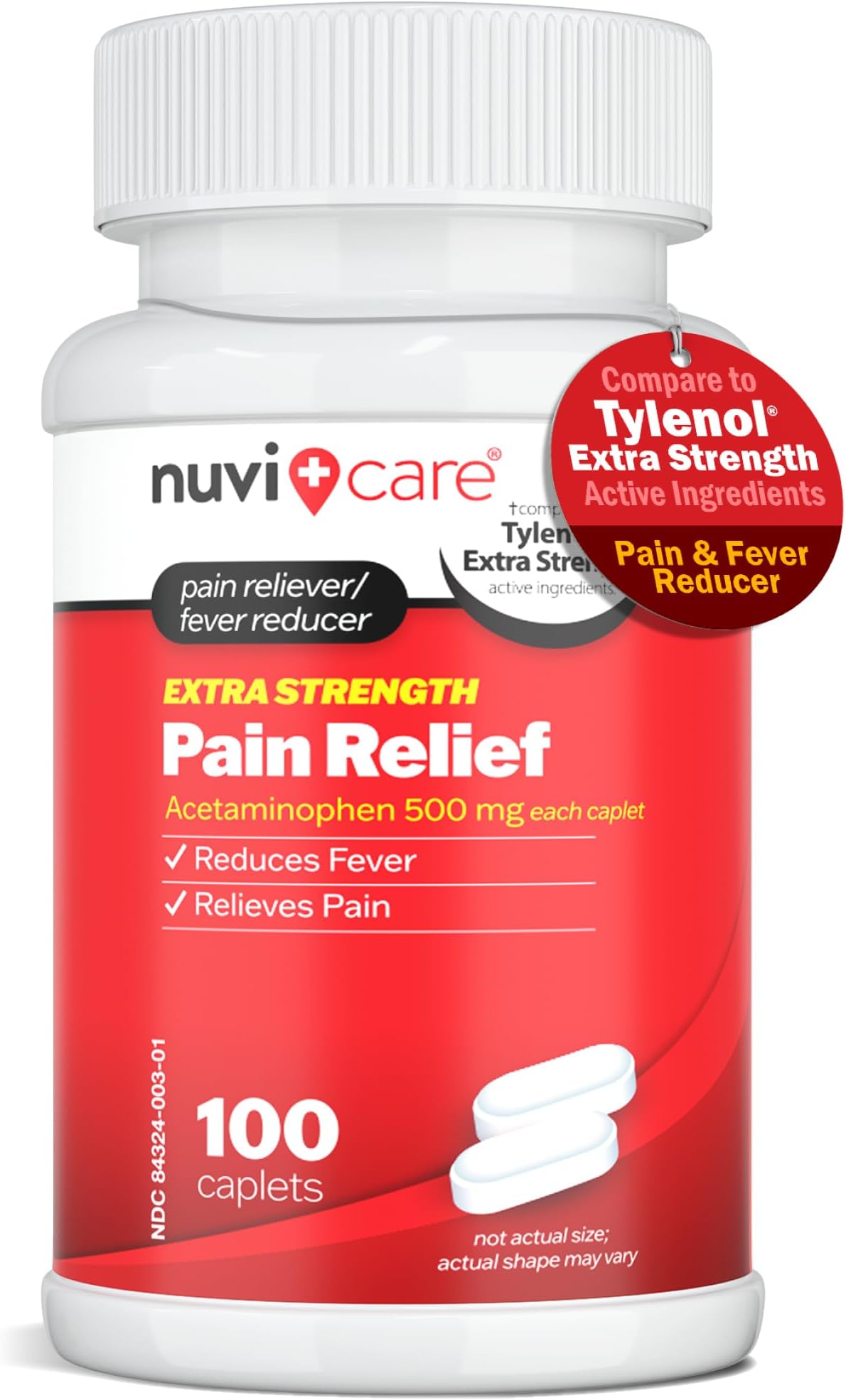 NUVICARE Acetaminophen 500mg Extra Strength Pain Relief - Compare to Tylenol Extra Strength Pain Reliever & Fever Reducer - 500mg Tablets for Adults for Headaches (100 Caplets)