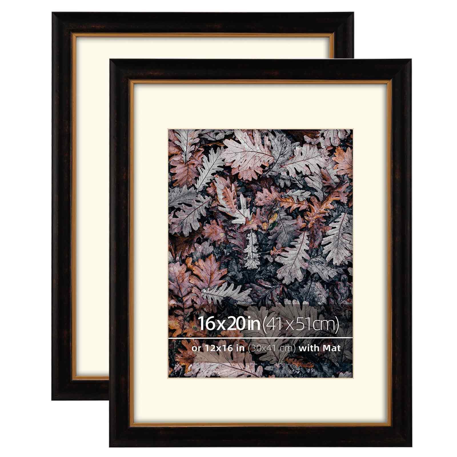 16x20 in 2 Pack Wood Brown and Gold Trim 2 Tone Vintage Antique Retro Poster Frame, Matted for 12x16 Photos, Fine Arts, Drawings, Vertical or Horizontal Display, Plexiglass Cover, Gold Inner
