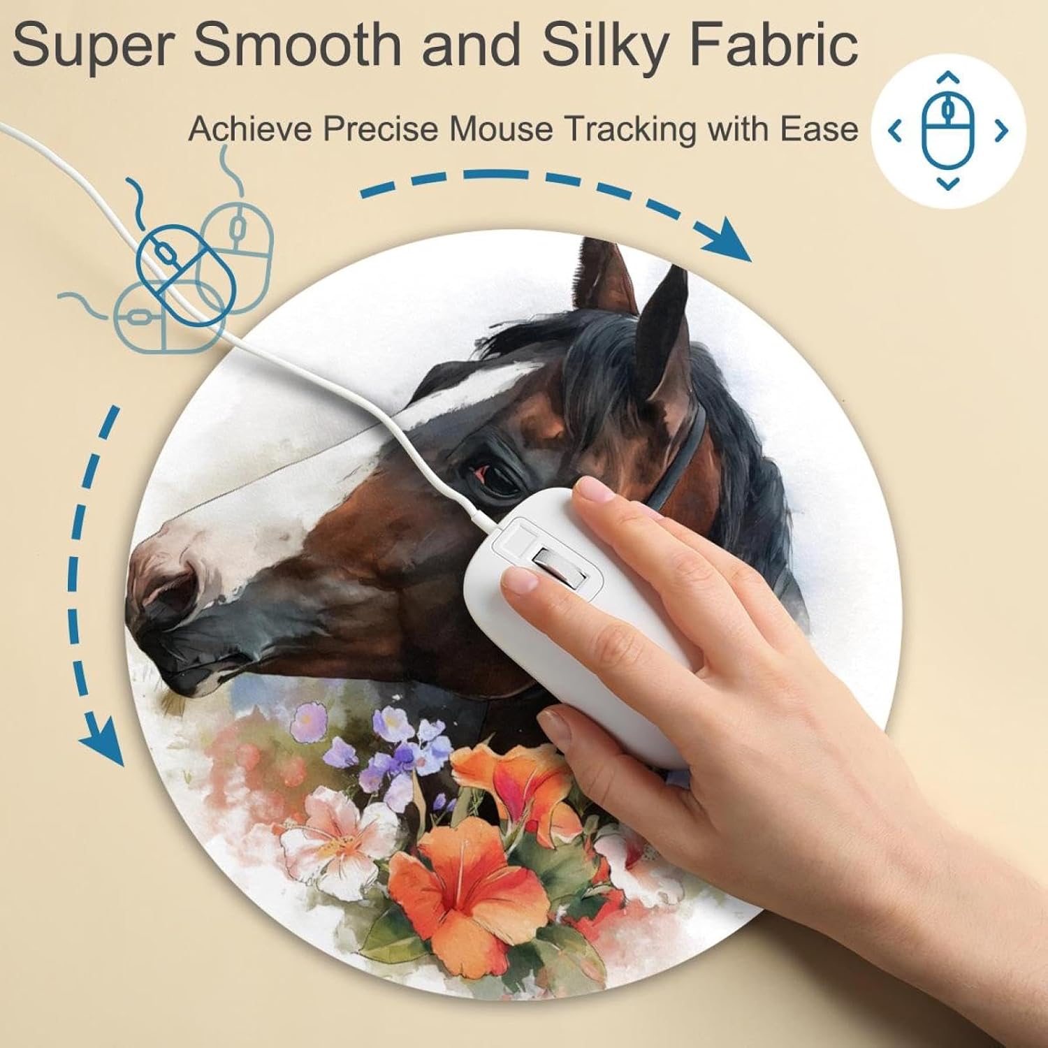 Round Mouse Pad for Women Men, 10’’ Round Desk Pad Mousepad Non-Slip Rubber Base, Office Home Laptop Accessories, Art Watercolor Horse with Flowers image 4