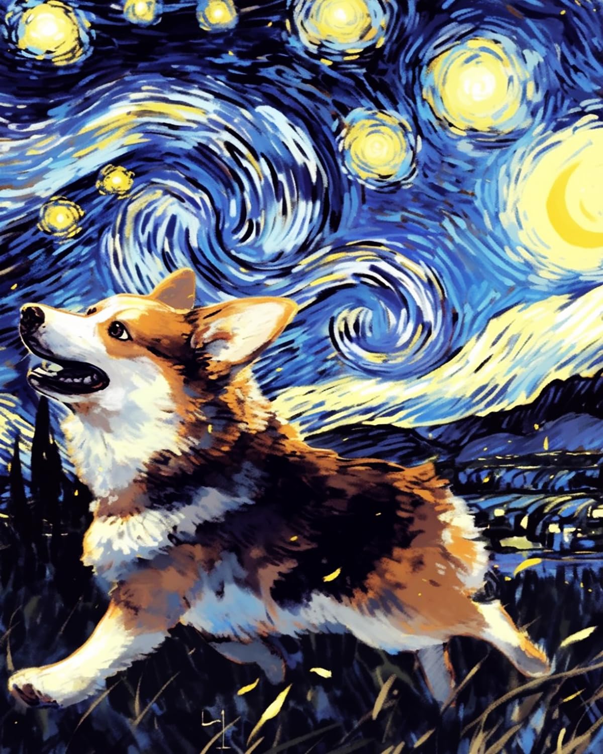 Liubaishi Multicolour Paint By Numbers Kit For Adults, Corgi Running Under The Stars, 40X50 Cm Acrylic Canvas Painting Set