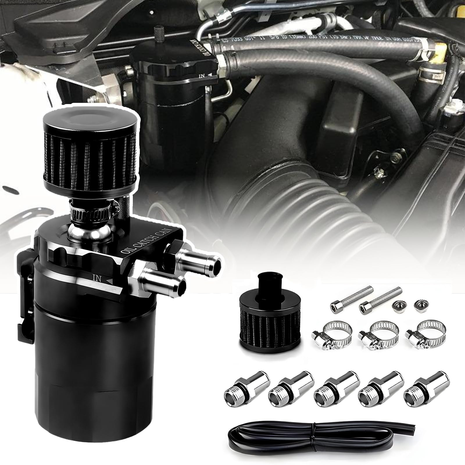 Serbatoio per Auto in Alluminio, Kit Universale Serbatoio del Serbatoio per Auto, 300ml Decanter Vapori Olio con Filtro a Cono, Tubo Flessibile e Altri Accessori (Nero)
