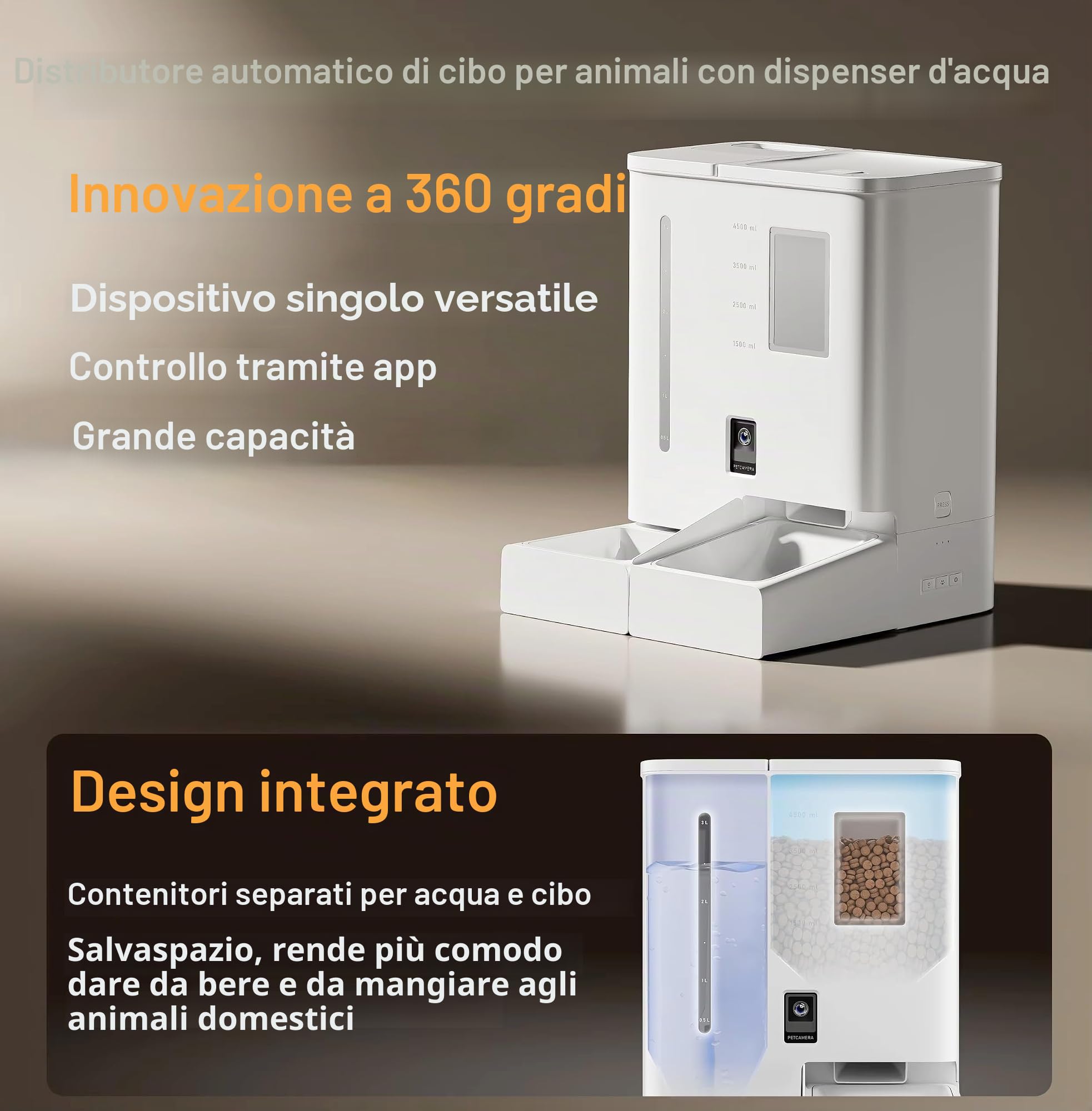 2025 Dual Automatic Pet Feeder | Distributore di acqua e cibo per cani e gatti | Capacità 4L/14oz e 5Kg/11lbs | WIFI, video 2K, audio bidirezionale, timer | Controllo intelligente delle app con Alexa,