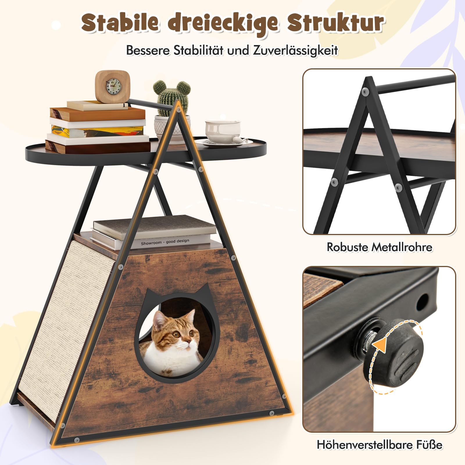 GYMAX Mesa Lateral para Gatos, Casa Oculta para Gatos 2 en 1 con Mesa de Noche, Cueva de Gato Triangular con Estante Abierto, Alfombrillas de Rascar de Sisal, Mueble para Gatos para Dormitorio y Salón