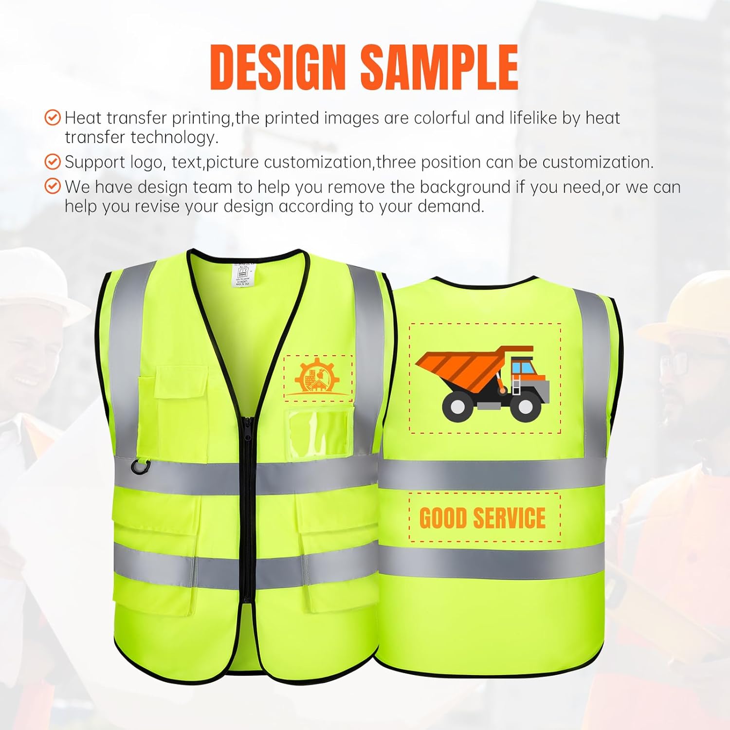 Custom Logo Safety Vest Customize Class 2 Visibility Reflective Vests Bulk with Pockets and Zipper