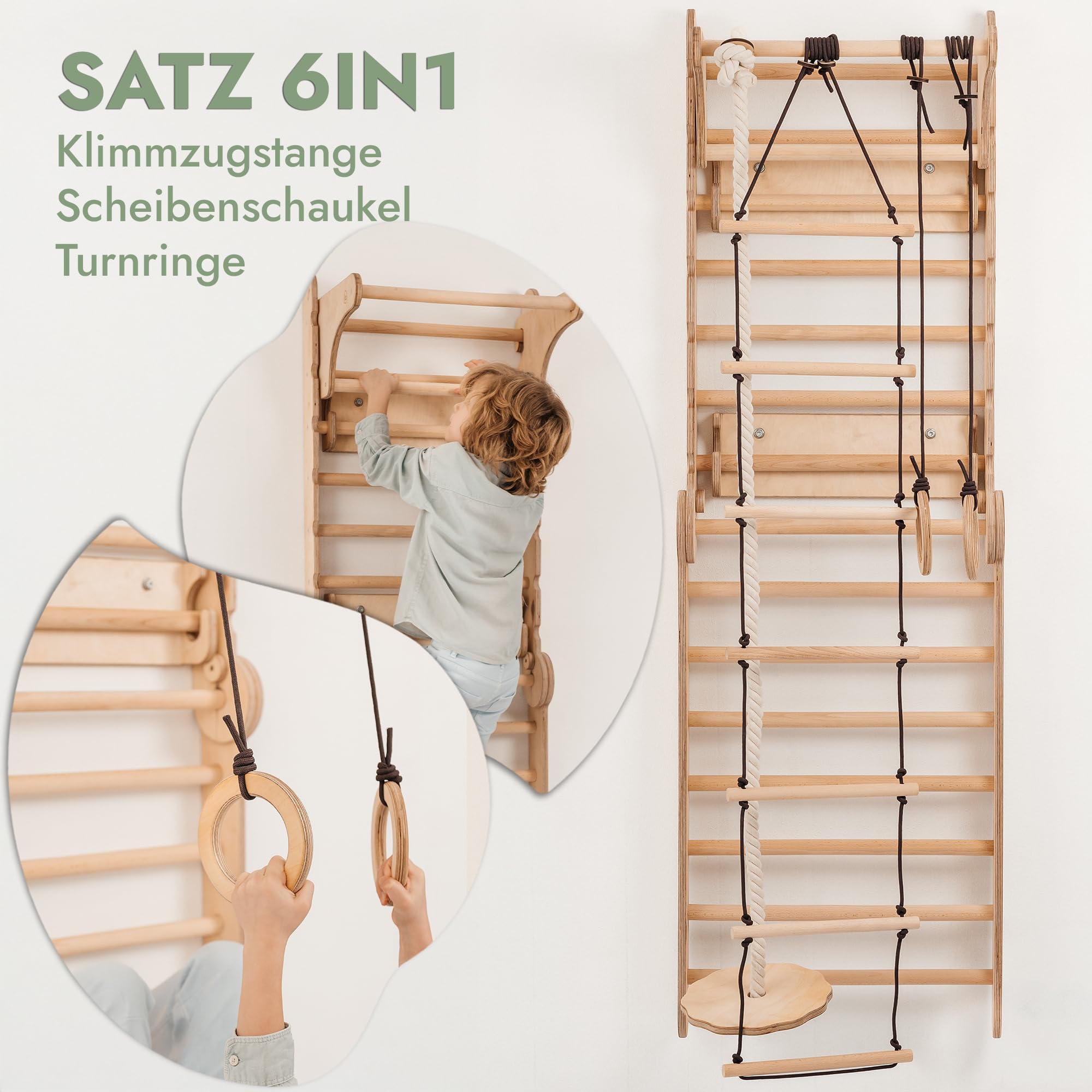 Goodevas 6-in-1 Holz Schwedenwand & Rutschensatz – Vielseitiges Indoor Kletterdreieck Set für Kinder mit Leiter, Rutsche, Monkey Bars – Perfekt für 2 bis 12 Jährige