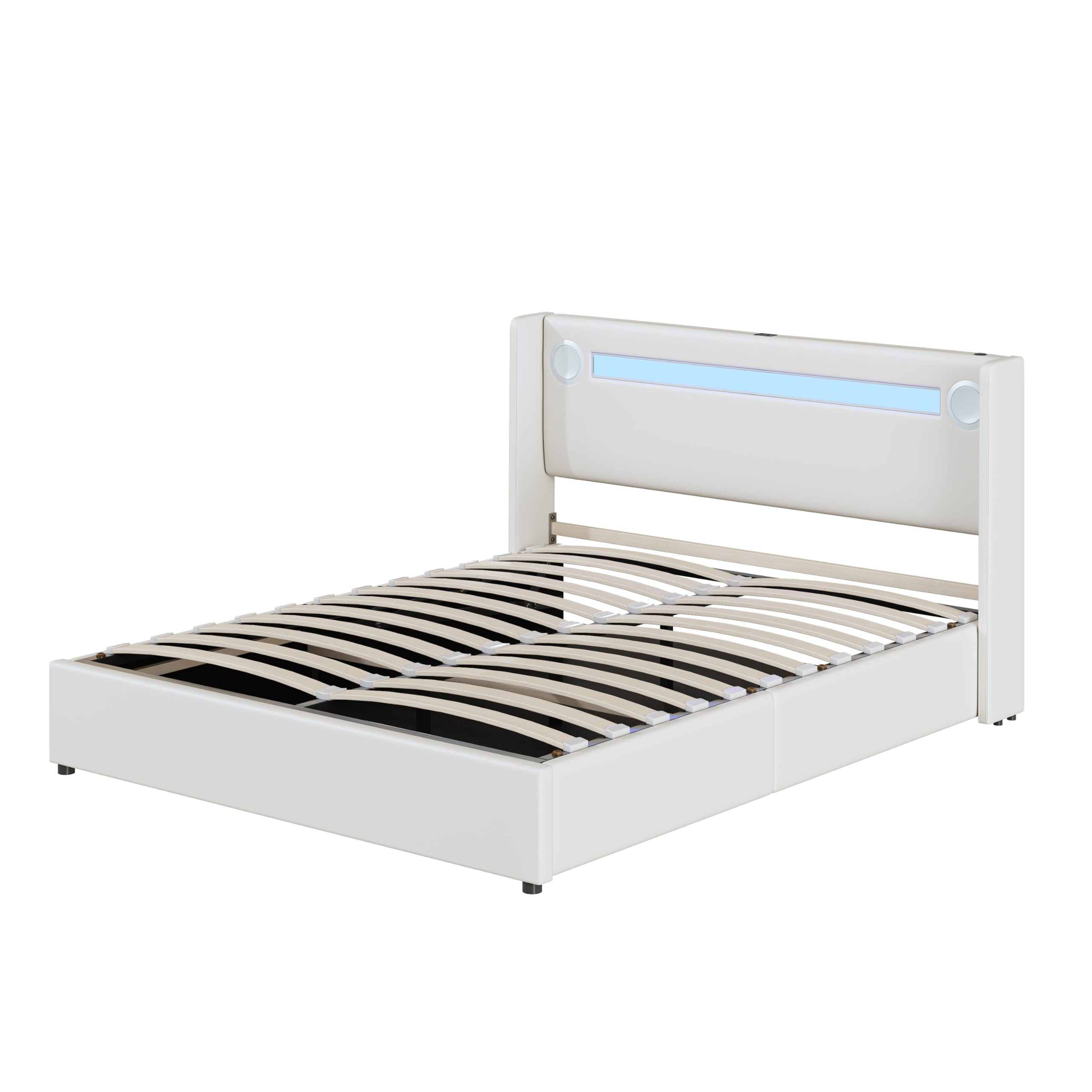 Merax Cama tapizada de 160 x 200 cm con tiras de luz LED, espacio de almacenamiento doble con reproductor Bluetooth y carga USB, para jóvenes y adultos, piel sintética blanca (sin colchón)