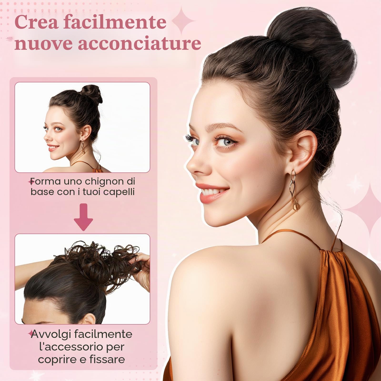 Capelli veri da 30 g, con elastico, chignon disordinato, per donne, lisci, elastici, chignon, chignon, marrone medio con accenti biondo scuro