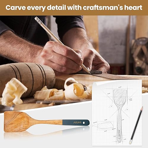 Miniatura 4 de Espátula de madera, espátula de madera de teca para cocinar, espátula de wok grande duradera, antiadherente (rojo)