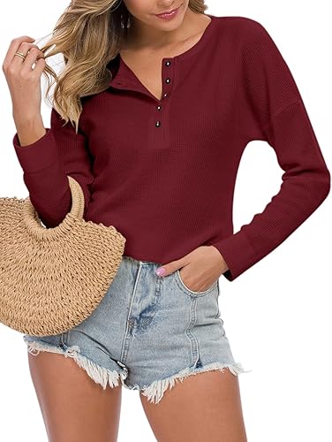 Miniatura 2 de MOLERANI Camisetas tipo túnica de punto gofre para mujer, holgadas, de manga larga, con botones, cuello en V, camisas Henley