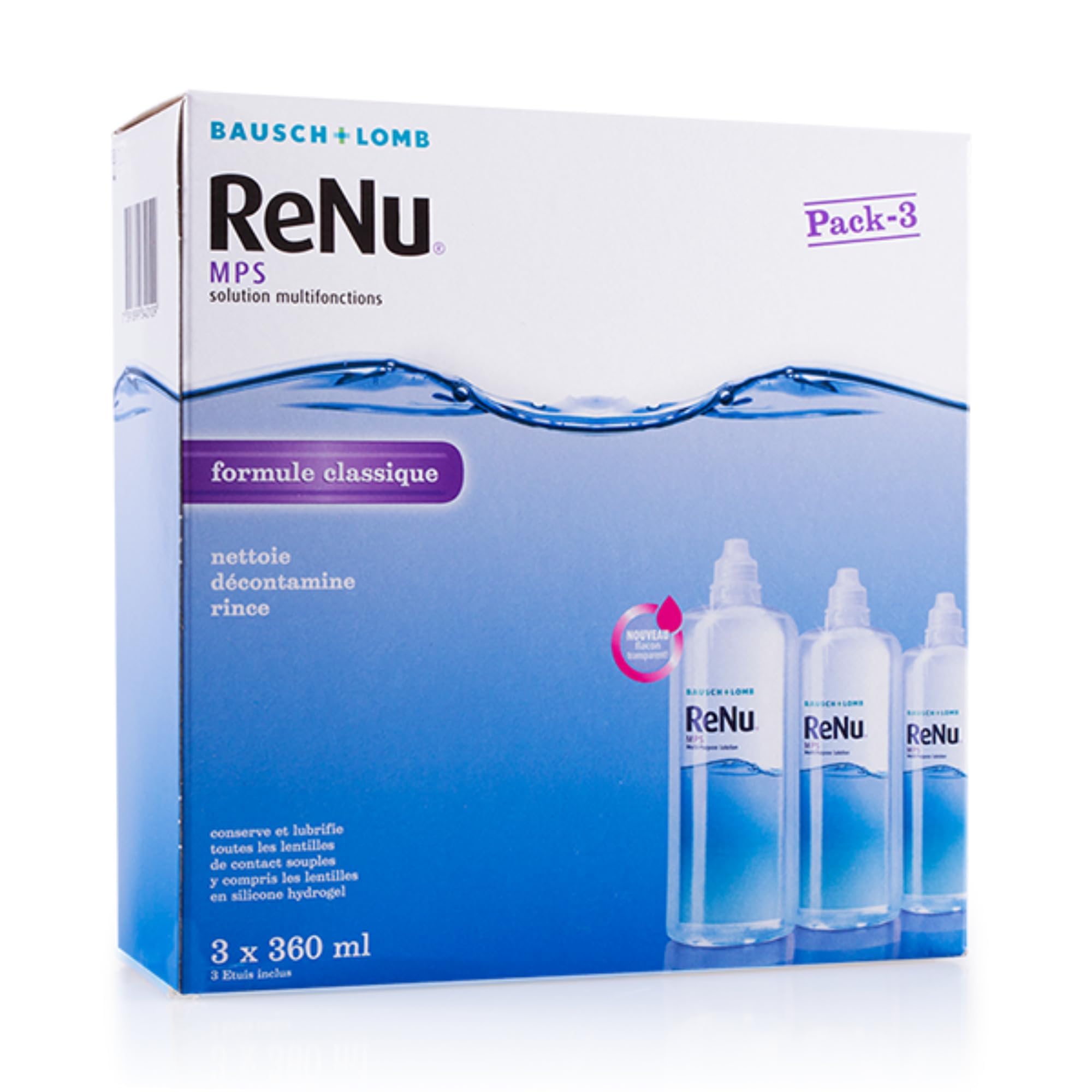 ReNu MPS Sensitive Eyes Solution Lentilles de Contact Souples - Solution d'Entretien Douce Multifonction pour les Yeux Sensibles - Produit Lentille pour Lentilles de Contact Souples, 3x 360ml