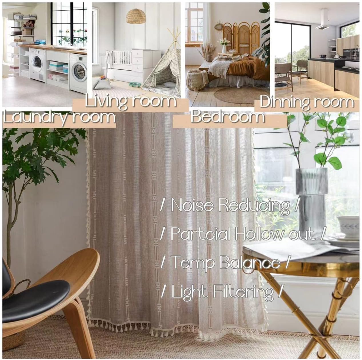 Colorigan Boho Semi Blackout 63 84 96 Inches Length 2 Panels Set Farmhouse Window Curtains with Tassels, Striped Embroidered Rustic Cotton Linen Long Bohemian Curtain Drapes for Living Room, Bedroom