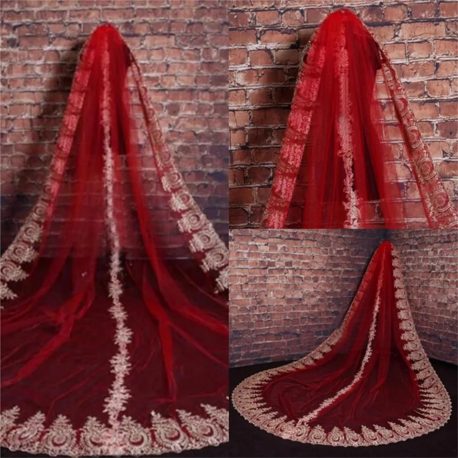 [HUAXIANJIYI] スパンコール刺繍入りレッドカテドラルブライダルベール、コーム付き1層ロングウェディングベール