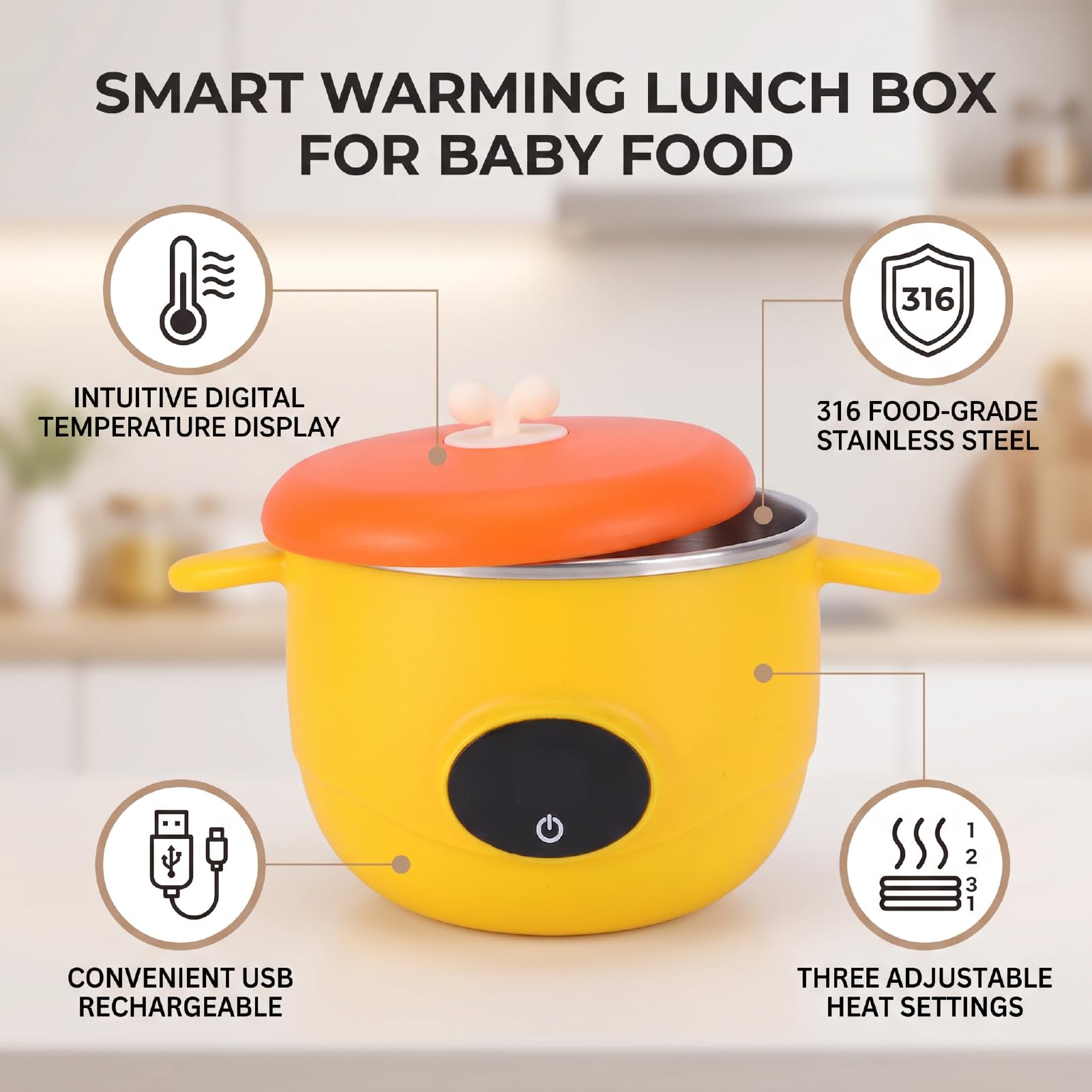 Naroote Calienta Comida Bebé Inteligente 3 Niveles 316 Acero Inox (YELLOW)