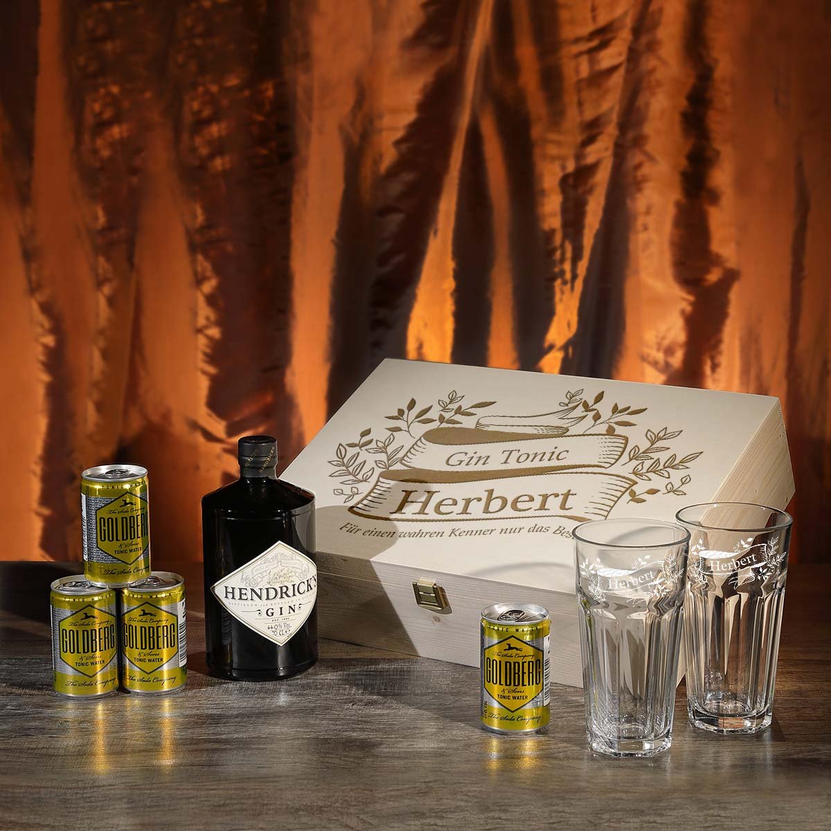 8-tlg Gin & Tonic Geschenk-Set Personalisiert mit Hendricks - Longdrink-Glas in Geschenkbox mit Gravur - Motiv vintage gin