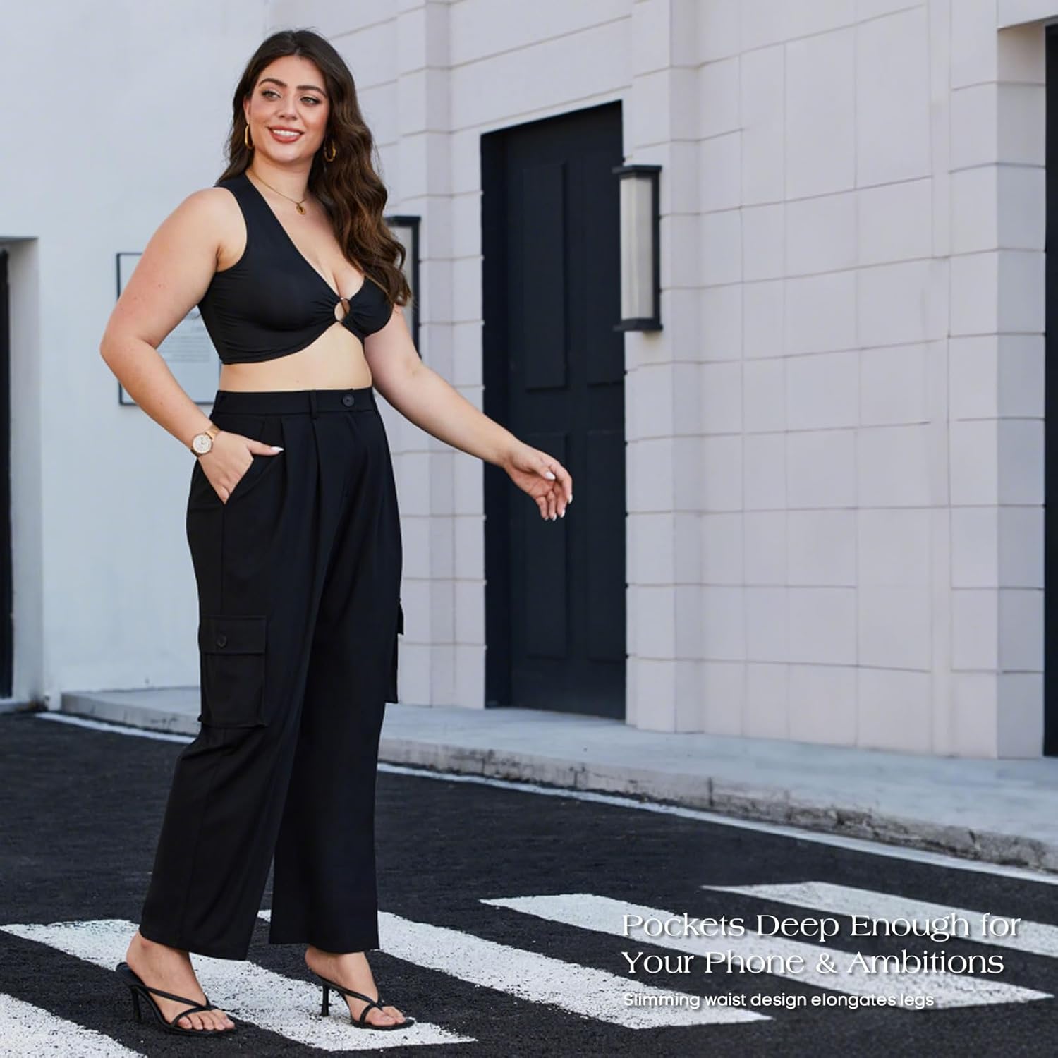 Women's Plus Size High Waisted Cargo Dress Pants - 4-Way Stretch Office Trousers
