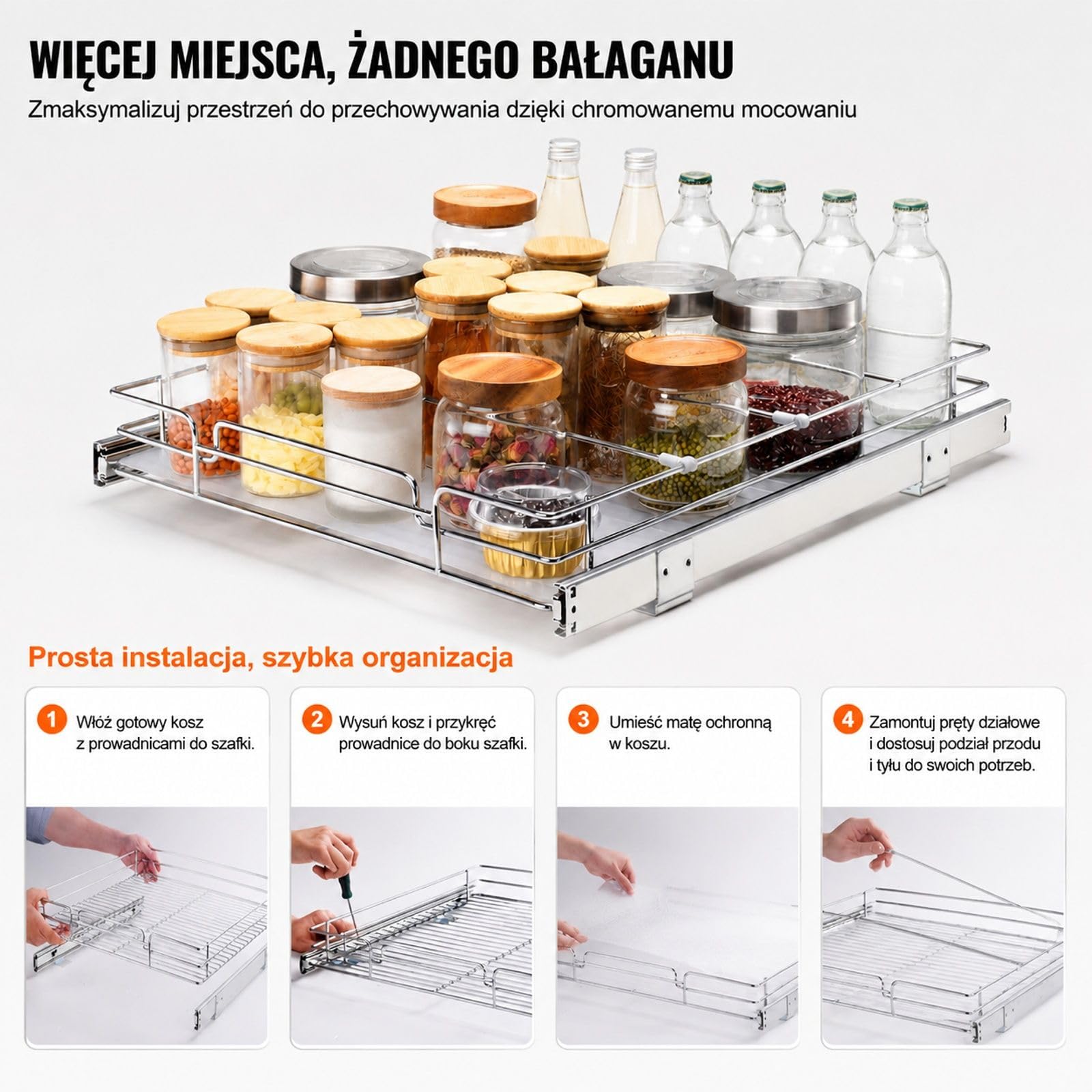 Wysuwany stojak na przyprawy do szafki kuchennej, srebrny organizer jednopoziomowy ze stali chromowanej