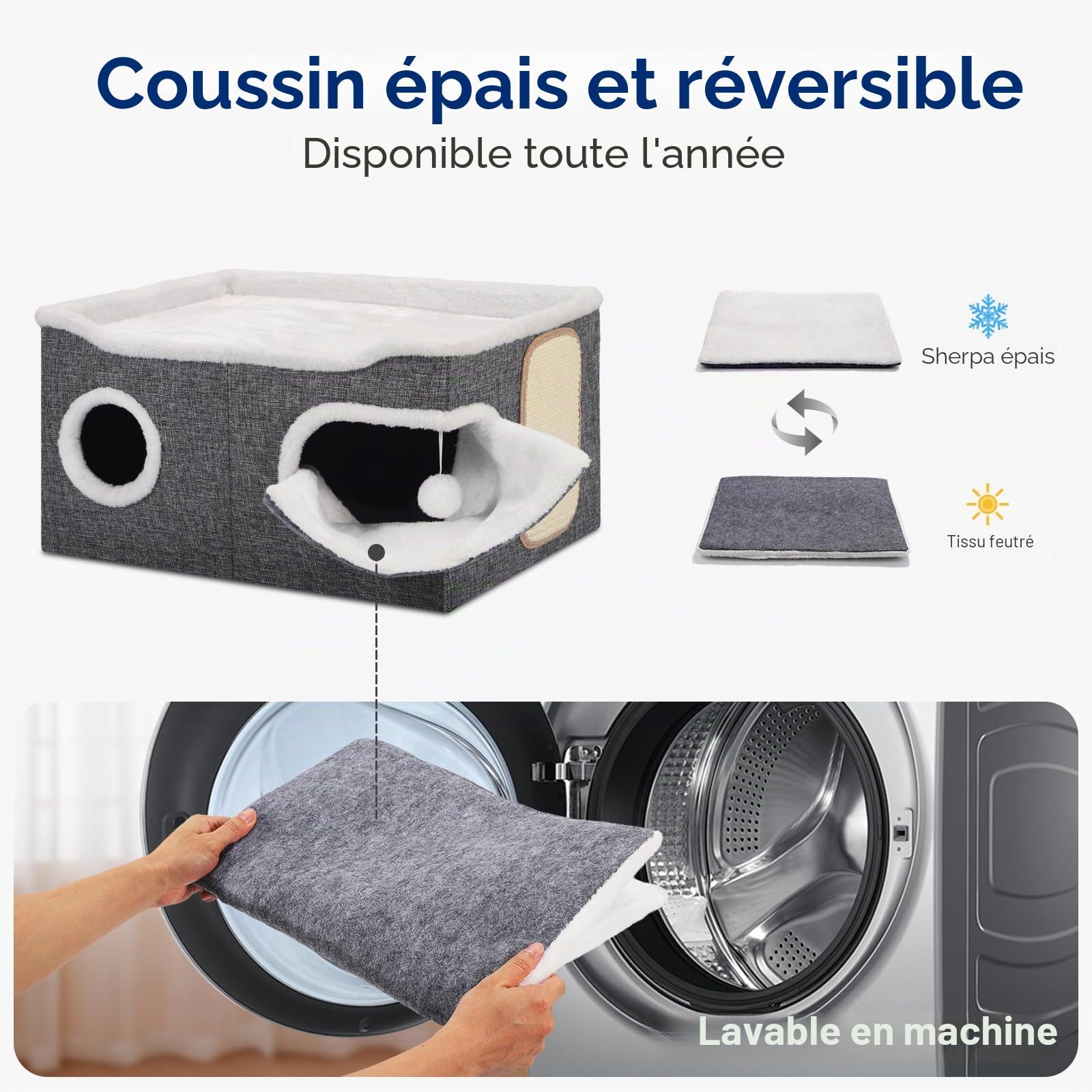 Shikha Niche Pliable pour Chat, Maison d'intérieur pour Grands Chats, 61 x 45 x 32 cm, 2 Couches de Cube pour Chat, XXL avec griffoir et Balle de Jeu,Niche pour Grands Animaux de Compagnie, Gris