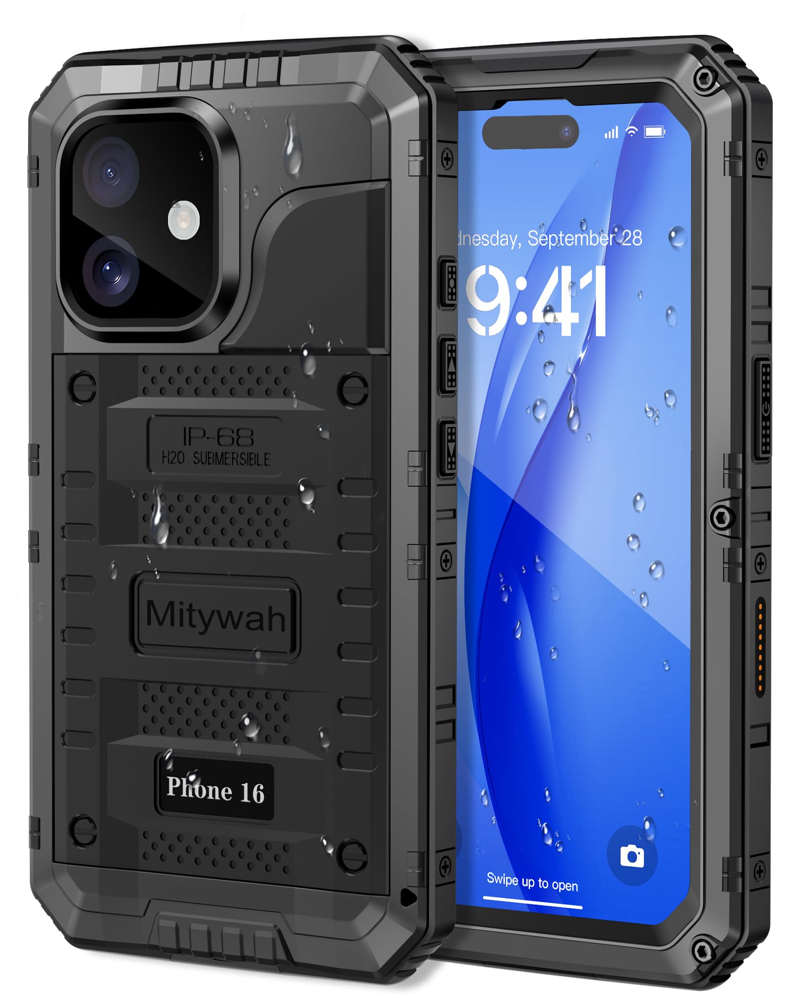 Mitywah Waterproof Case for iPhone 16, Shockproof Heavy Duty Case with Built-in Screen Protector, Underwater Full Body Protective Metal Case 6.1 inch,