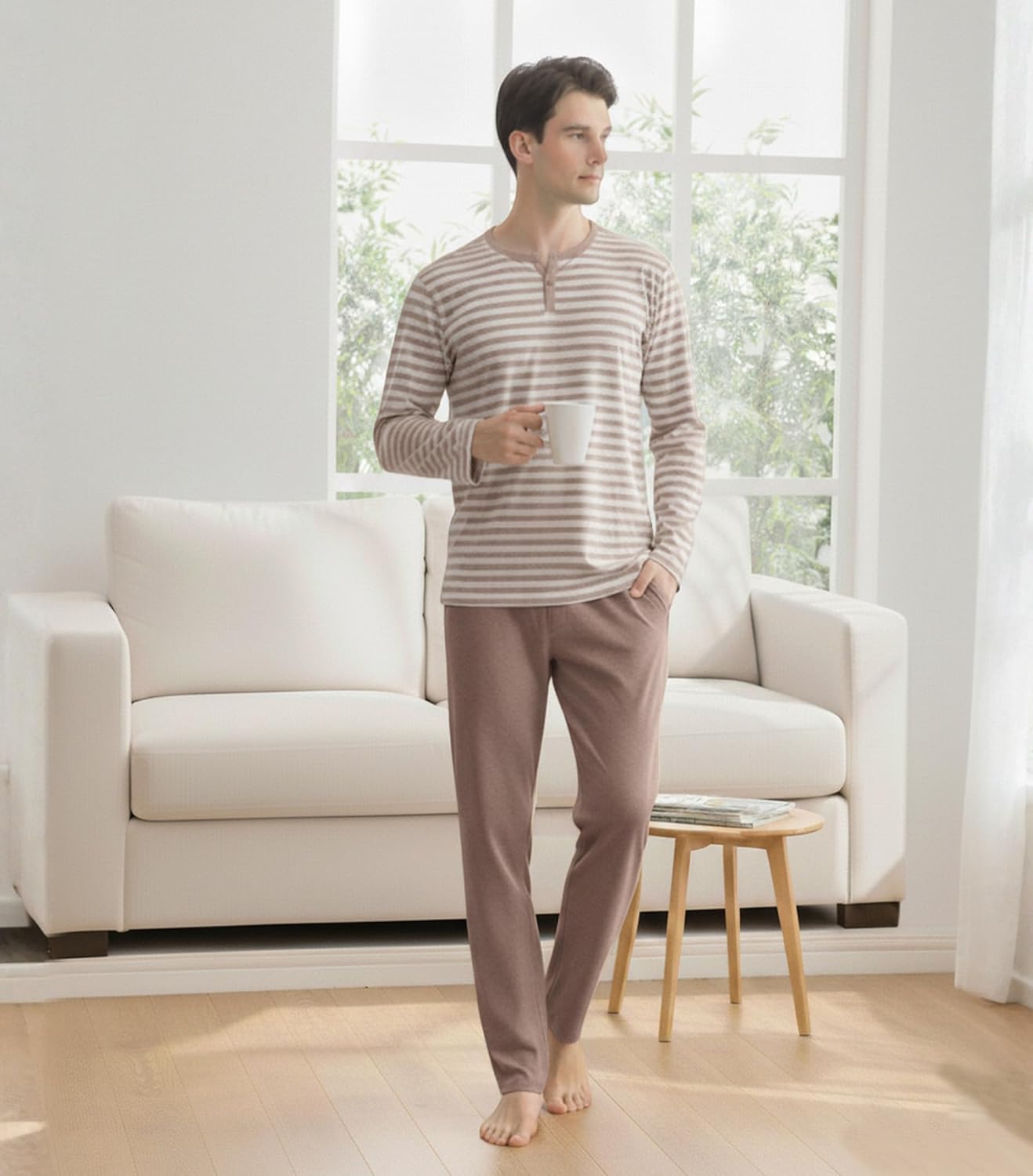 DAVID ARCHY Men's Pajamas Set Soft Cotton Henley Loungewear Pjs Comfy Long Sleeve Sleepwear with Pockets - Image 3